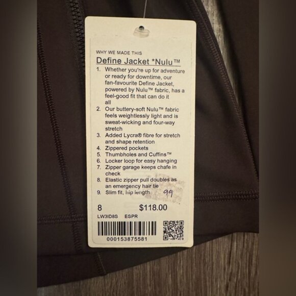 Lululemon Define Jacket Nulu. Dark Brown. Espresso. Size 8. - Picture 12 of 15